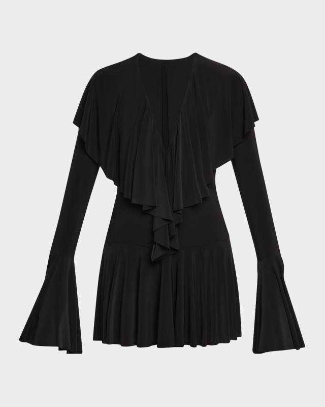 Long-Sleeve Deep V Ruffle Mini Dress